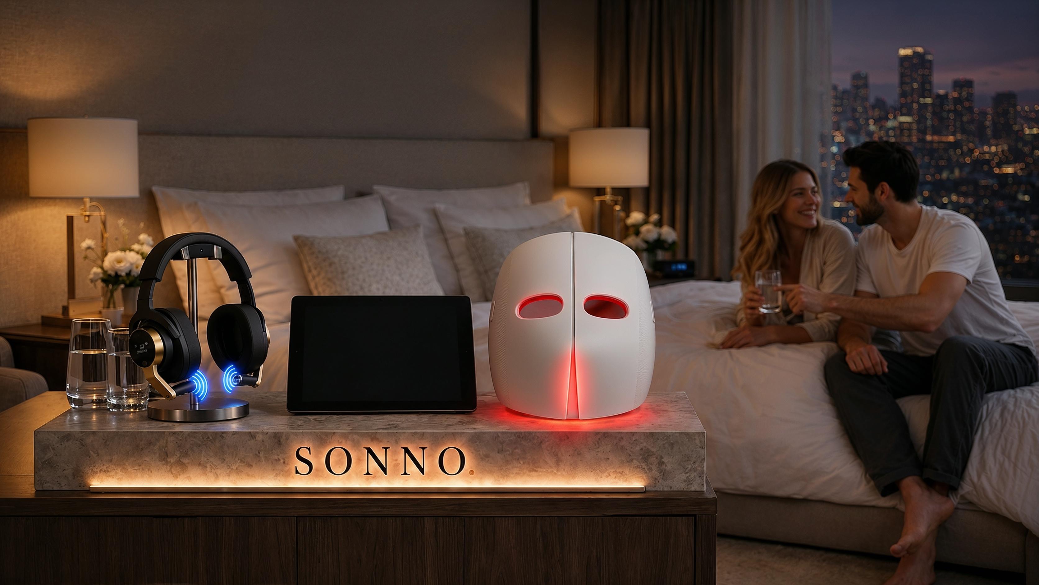 Sonno stand with mask, headphones and tablet in a guest room